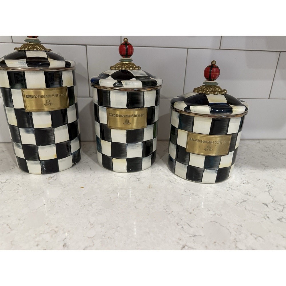 Mackenzie-Childs Canister Set Enamel 3 pc Courtly Check‎ Black White See Pics